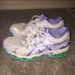 ASIC white lavender and teal running shoes